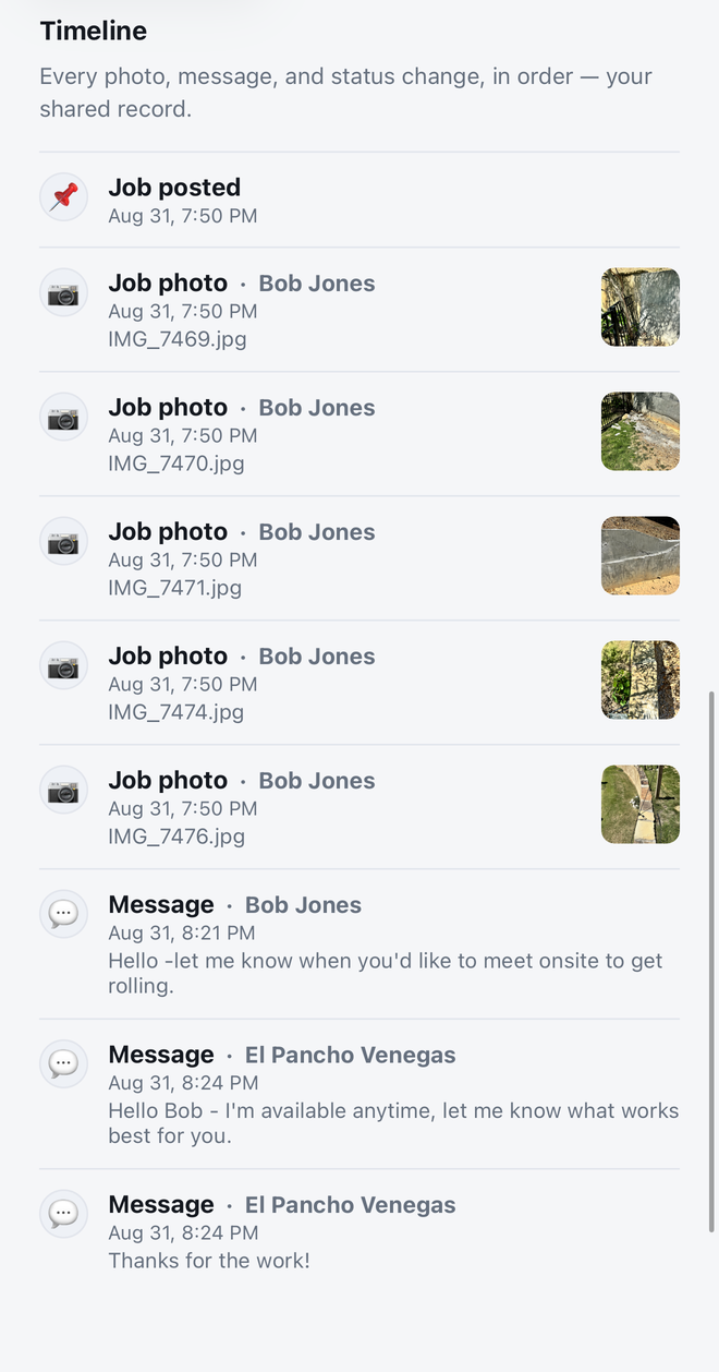The e-Manual Labor job record: job posted, then each job photo with who added it and when, then the messages between customer and skilled worker.