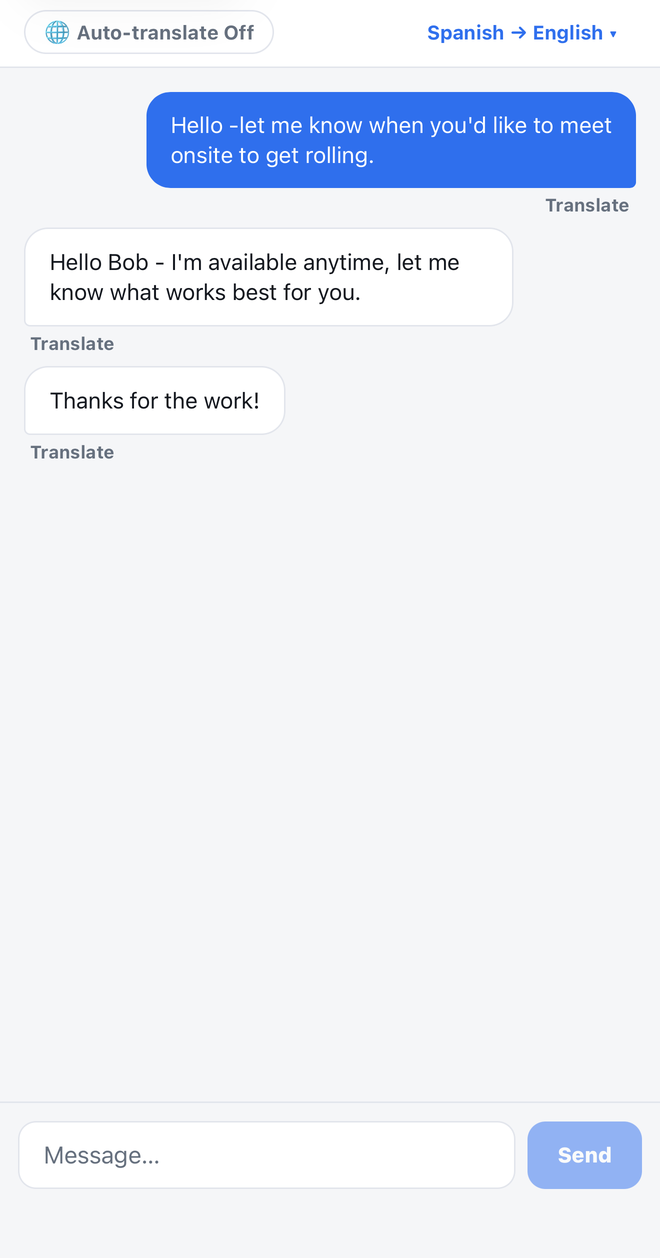 The e-Manual Labor message thread with a Spanish to English translation control above the conversation.